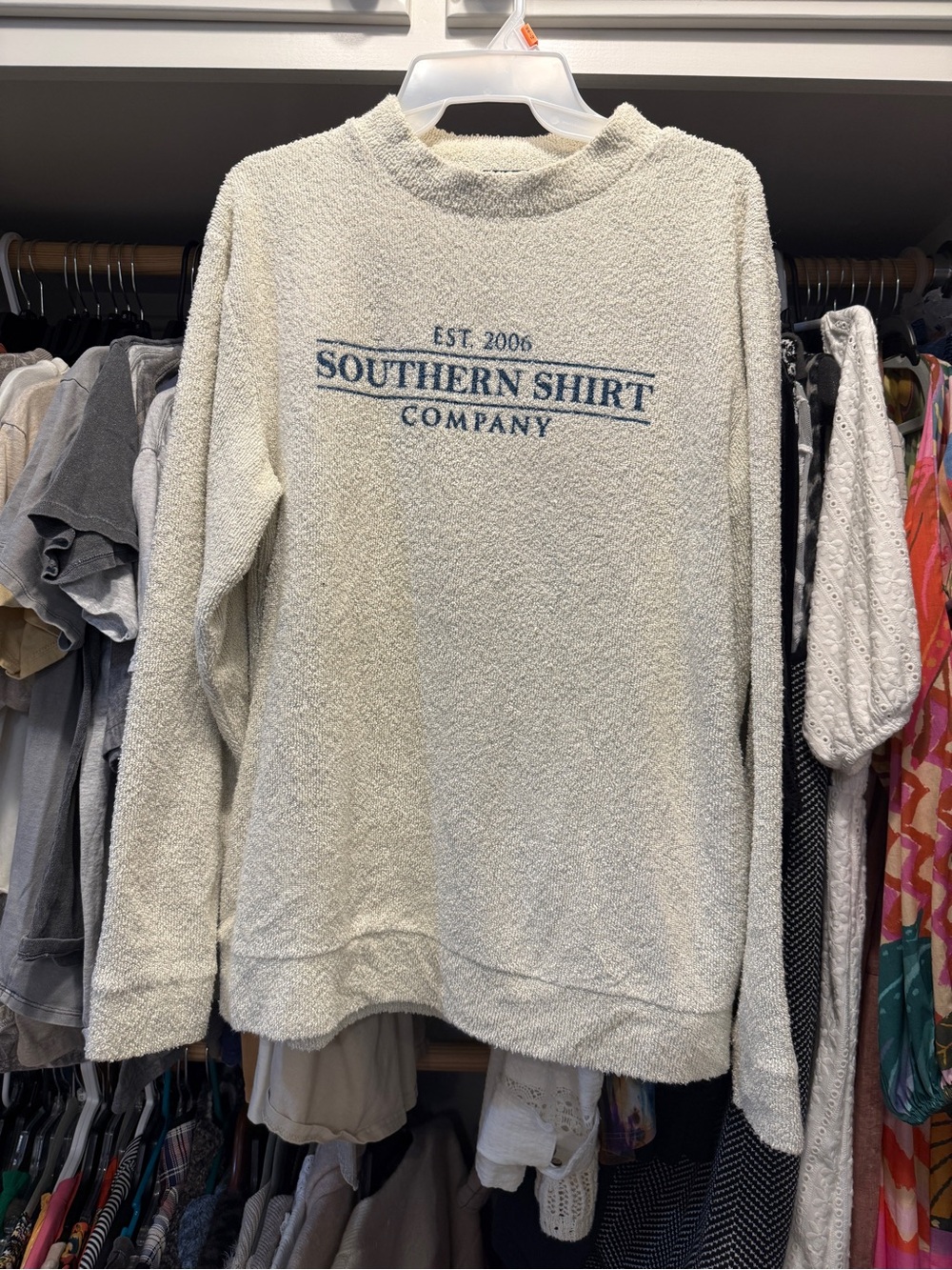 The Southern Shirt Company Cream Terry Crewneck with Blue Logo